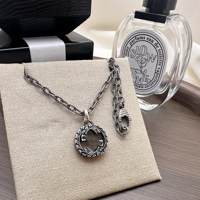 Vintage S925 Sterling Silver Necklace Engraved Floral Necklace Interlocking Double G Pendant Necklace