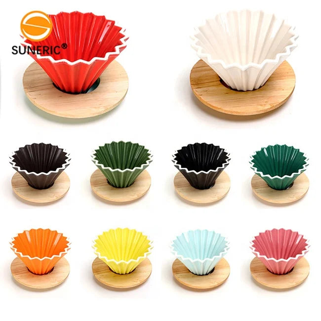 Cone Shape Inline Pour Over Ceramic Origami Coffee Dripper Bamboo Holder v Shape Hand Reusable Clever Filter Coffee