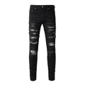Wholesale Eco-Friendly Breathable Patch Ripped Print Denim Jeans Zipper Slim Fit Men's Casual High Street Distressed Black