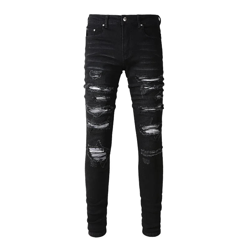 Wholesale Eco-Friendly Breathable Patch Ripped Print Denim Jeans Zipper Slim Fit Men's Casual High Street Distressed Black