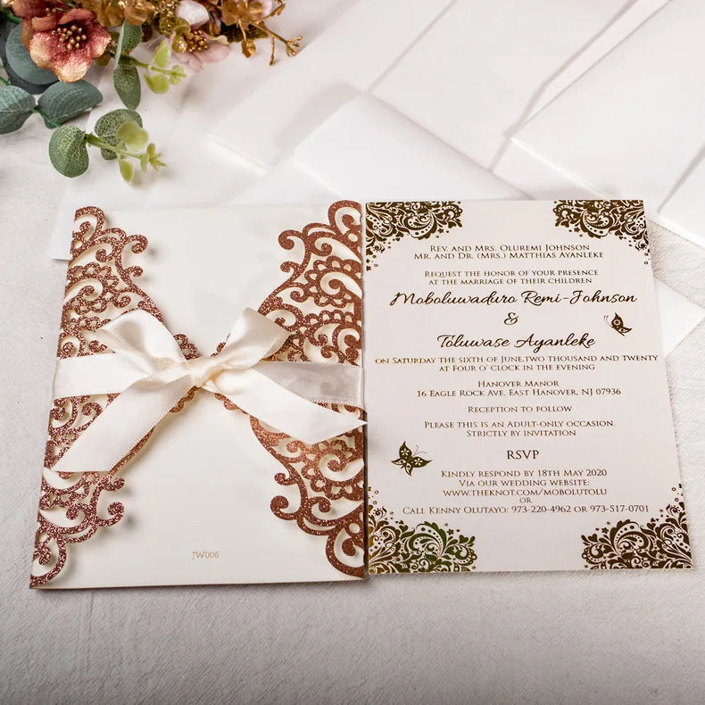 Ychon Wedding Invitation Cards with RSVP & Bow Envelopes Laser Cut Special Paper 187x125mm Opp Bag Packaging