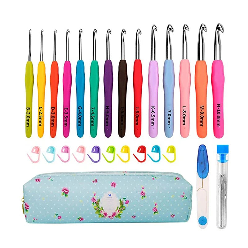 14 Sizes Crochet Hooks Set2mm(B)-10mm(N) Ergonomic Crochet Hooks with Case for Arthritic HandsExtra Long Crochet Needles