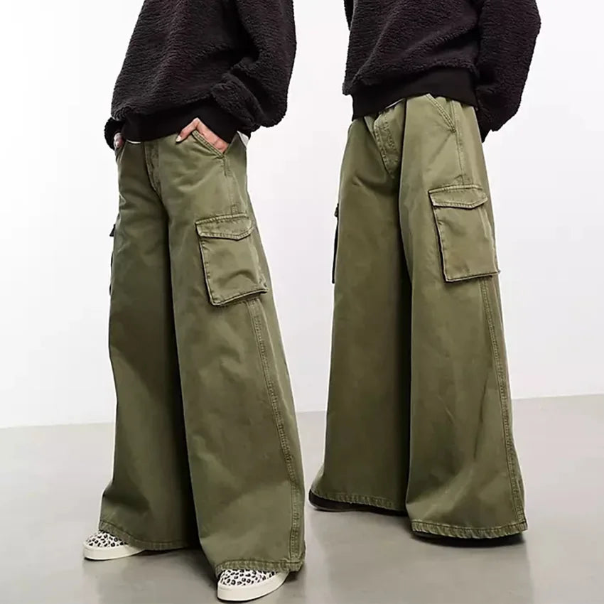 Hight Street Hip Hop Wide Leg Denim Pants  Green Wash Pocket Cargo Loose Jeans Men Custom Baggy Jeans Flared