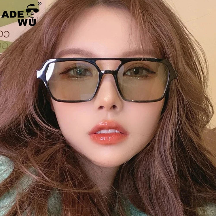 Retro Double Bridge  Pilot Sunglasses Women Vintage 90s Pink Tea Lens Square Frame Sun Glasses Men Classic Driving Shades KDD334
