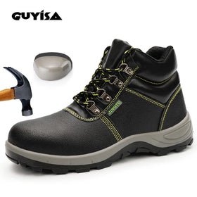 GUYISA Autumn Winter Black Leather Rubber Midsole Outsole Steel Toe Anti-puncture Waterproof Newtons Working Shoes Work Boots