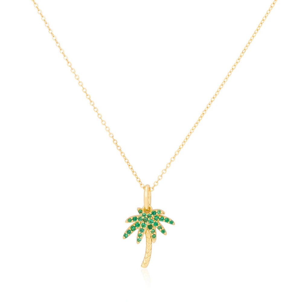 Joacii Jewelry 925 Sterling Silver 18K Plated Trees Palm Tree Created Emerald Gold Plate Pendant Necklace