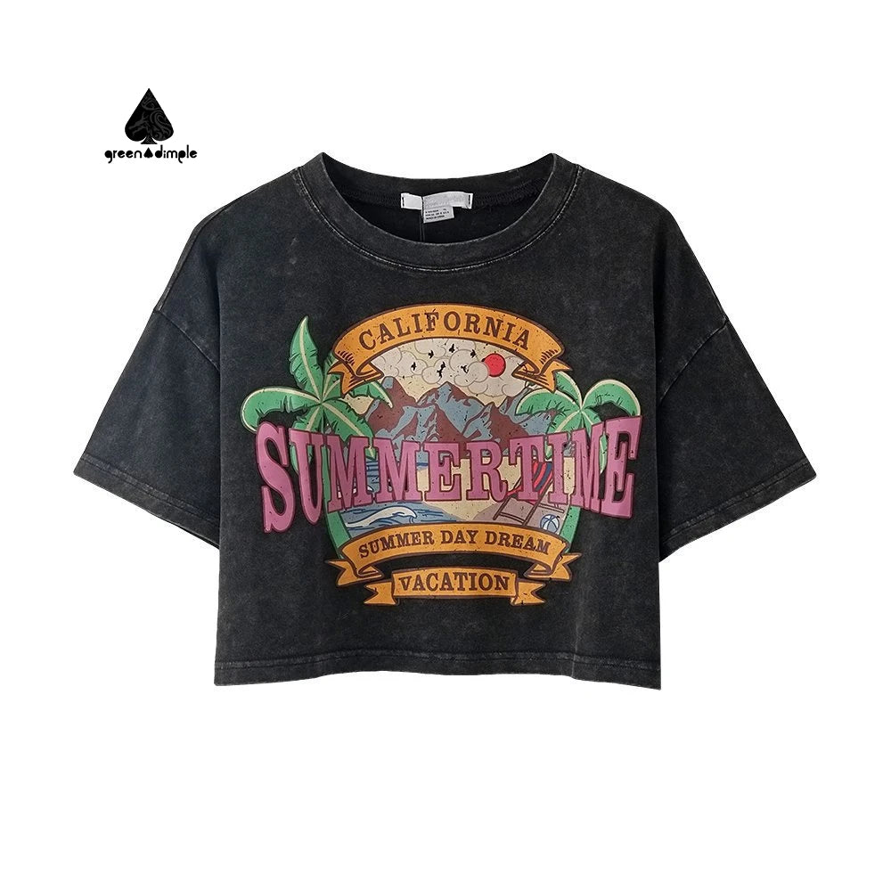 Customizable Women's T-Shirt Short Style with Navel Exposure 100% Cotton O-Neck Breathable Anti-Pilling Casual Woven T-Shirt