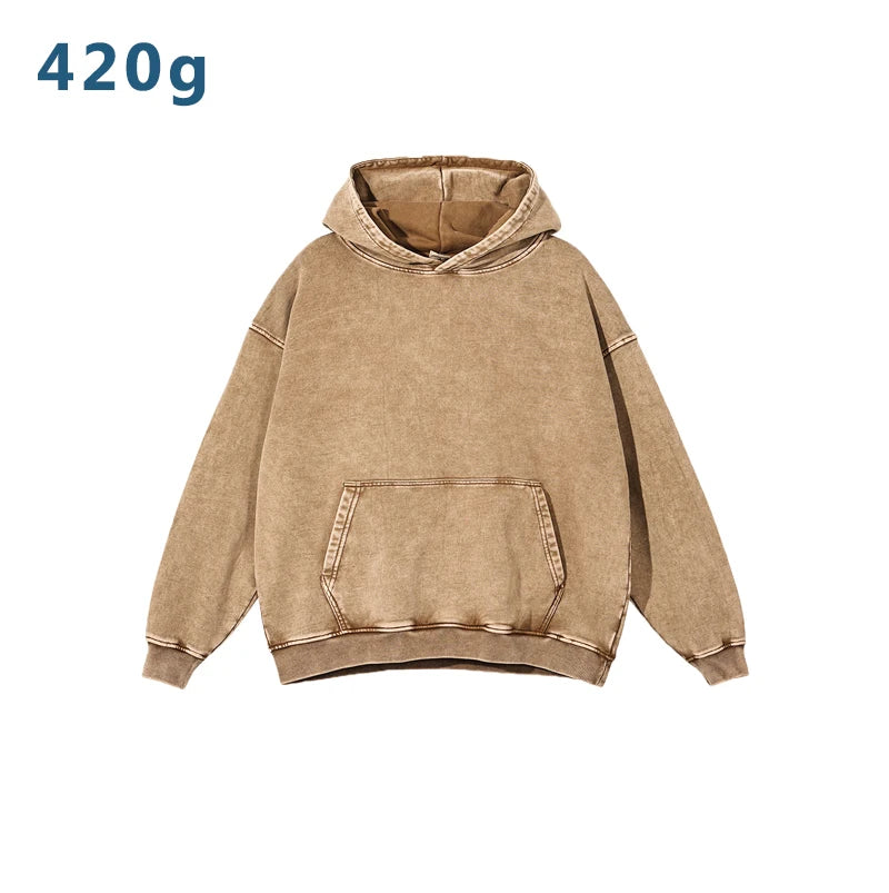 Retro 420 Grams  Front Logo  Autumn Anti-Pilling Feature Heavy Washed Vintage 100% Cotton Sweatshirt Trendy Hooded Hoodie