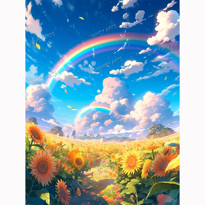 VANCY ARTS Wholesale Premium DIY 5D Full Drill Diamond Painting Kit Sunflower Field with Rainbow Scene for Home Decoration