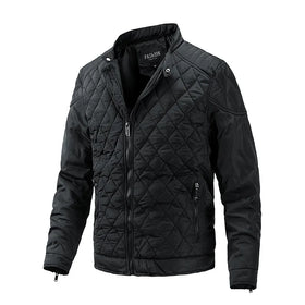 Autumn Winter Men's Stand Collar Cotton-Padded Jacket Casual Diamond Collar Coat with Zipper Closure Lightweight Canvas Fabric