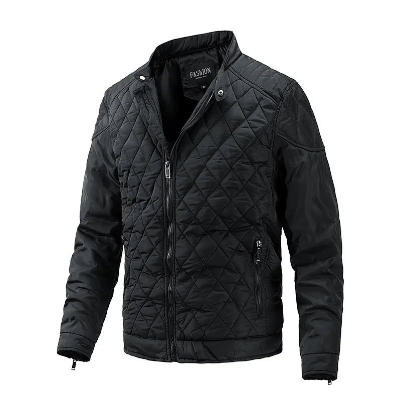Autumn Winter Men's Stand Collar Cotton-Padded Jacket Casual Diamond Collar Coat with Zipper Closure Lightweight Canvas Fabric