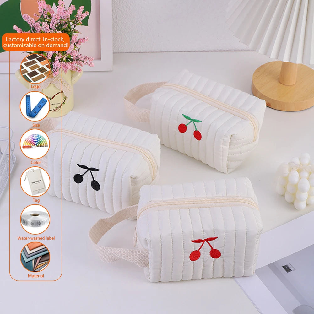Fashion Hand-held Makeup Bag with Large Capacity Cherry Embroidery Multi-functional Toiletry Storage Bag