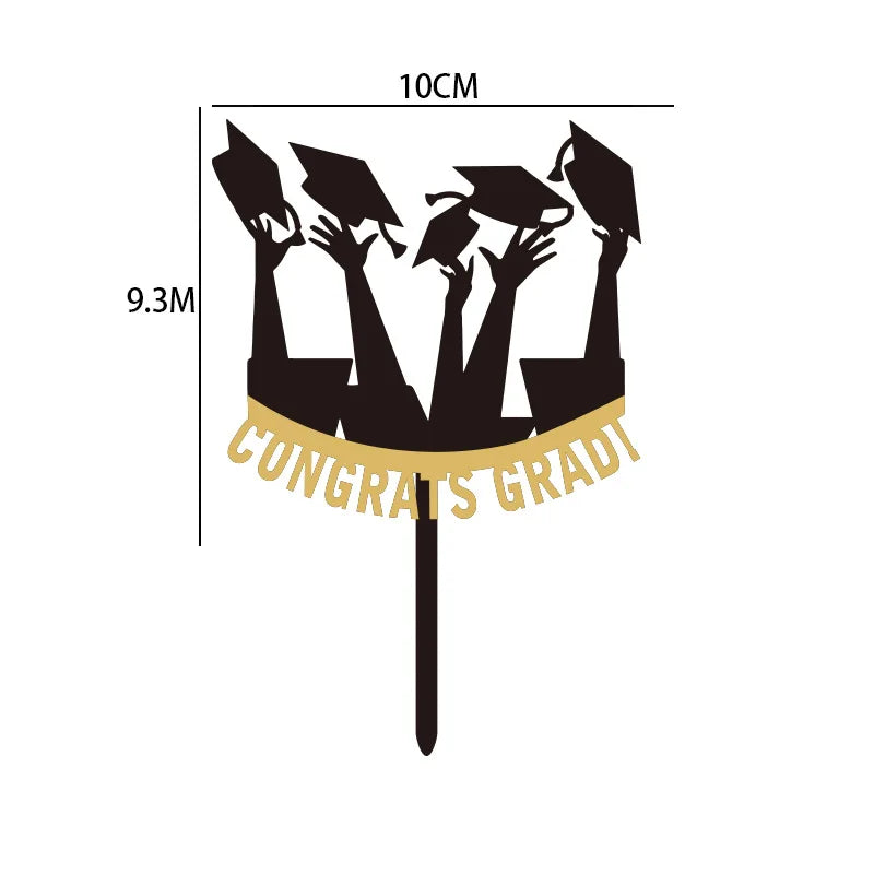 Hot Sale School College University Graduation Cake Decoration Acrylic Gold Black Happy Graduation Cake Topper