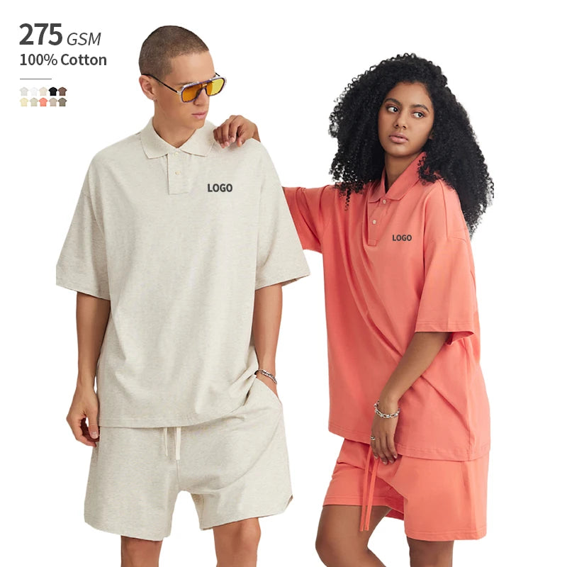 Heavyweight 275 GSM 100% Cotton Oversized Drop Shoulder Solid Color Streetwear Customized Printing Custom Polo Shirt for Men