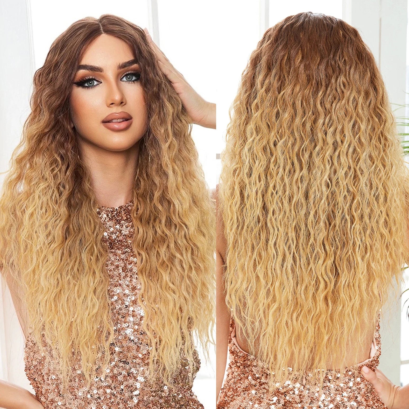 Future Chemical Fiber Front Lace Natural Curly Wig Honey Color Wig Dark Hair Root Soft High Density Smooth Super Curly Wave