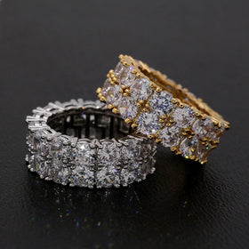 Hip Hop Jewelry Rhodium Plated Brass Full Cubic Zircon Tennis Double Row Engagement Unisex Men Eternity Bands Wedding Rings