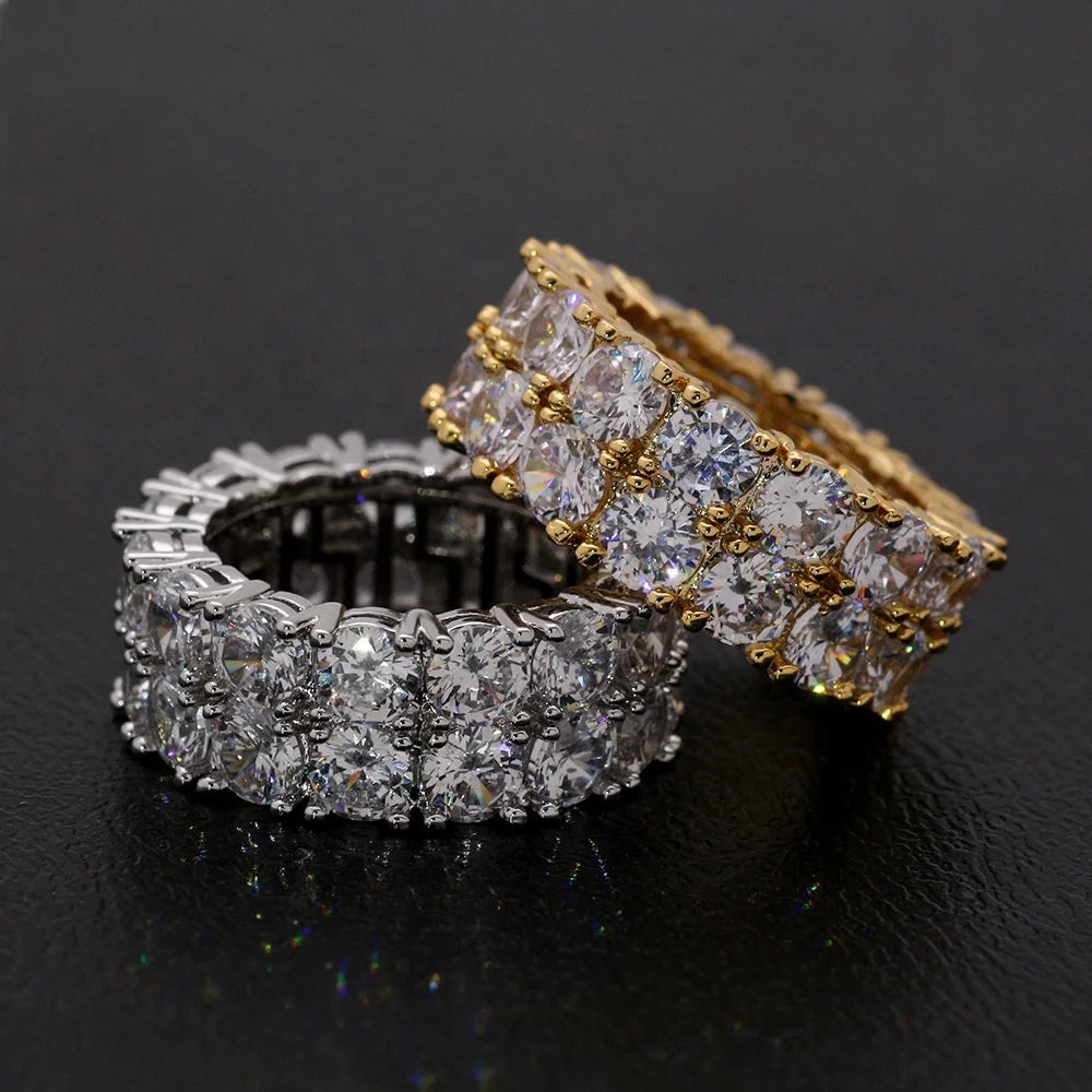 Hip Hop Jewelry Rhodium Plated Brass Full Cubic Zircon Tennis Double Row Engagement Unisex Men Eternity Bands Wedding Rings