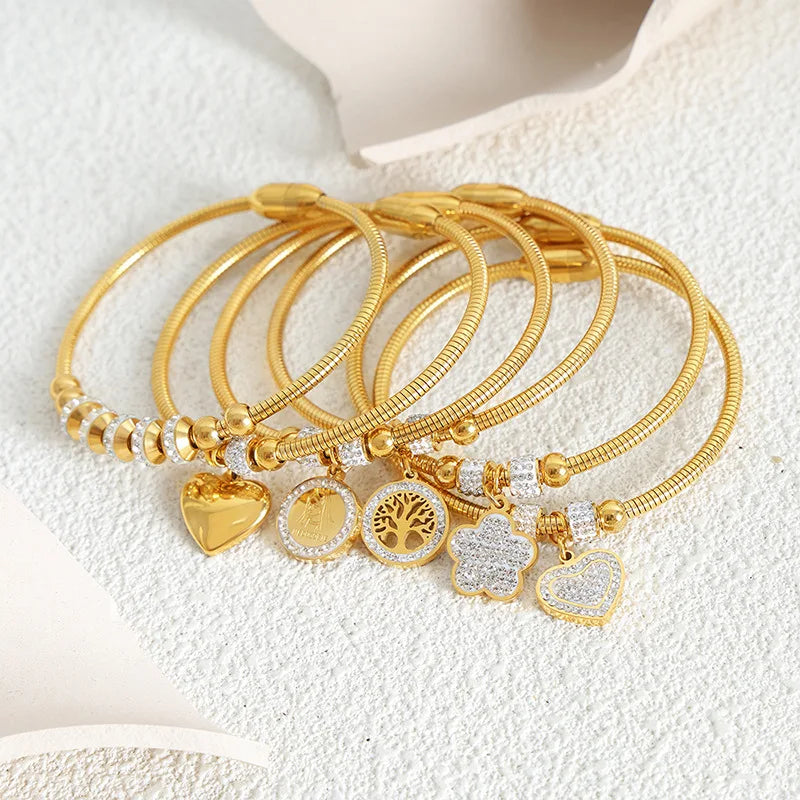 Light Luxury Fashion Titanium Steel Open Bracelet Heart Round Star Zircon Bracelet Gold Plated Waterproof Bracelet for Women