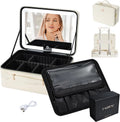 Large Capacity Leather Makeup Organizer Bag with Adjustable Brightness LED Lighted Mirror Portable Train Case for Artist Storage