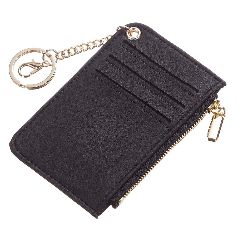 EXW Price Custom Logo Luxury Smooth Genuine Leather ID Credit Card Holder Clear ID Window Zipper Coin Purse Key Chain 35mm Thick
