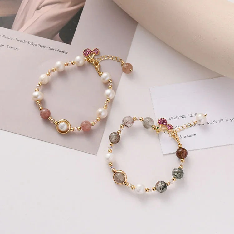 Natural Rutilated Strawberry Quartz Freshwater Pearl Slide Chain Bracelet with CZ Paved Cherry Charm for Valentine's Day Gift