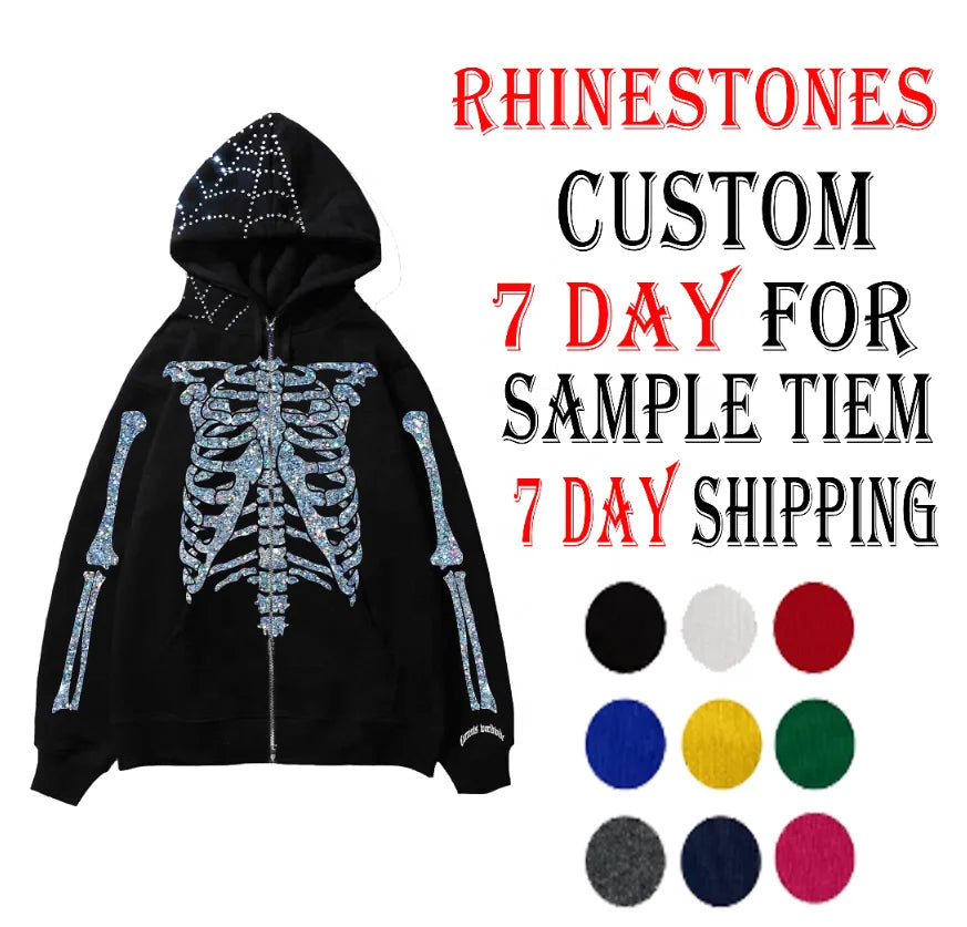 Y2K Autumn Plus Size Tight Hoody Tracksuit Men Full Zip Drawstring Crucifix Rhinestone Hoodie Set Custom Rhinestone Hoodie