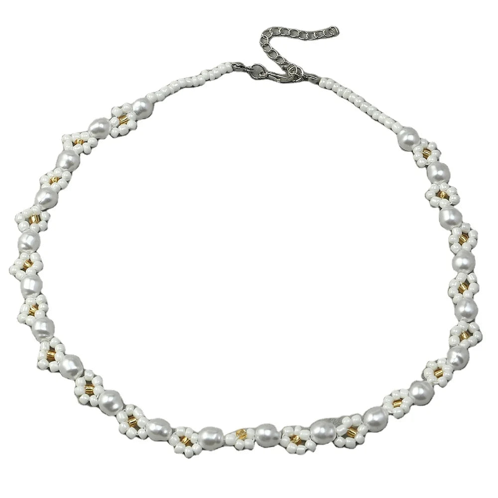 Bohemian Artificial Woven Pearl Clavicle Small Daisy Flower Necklace