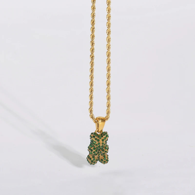 Fenny 18K Gold Plated Wholesale Waterproof Luxury Fashion Zirconia Pave Bear Pendant Choker Chain Stainless Steel Necklace