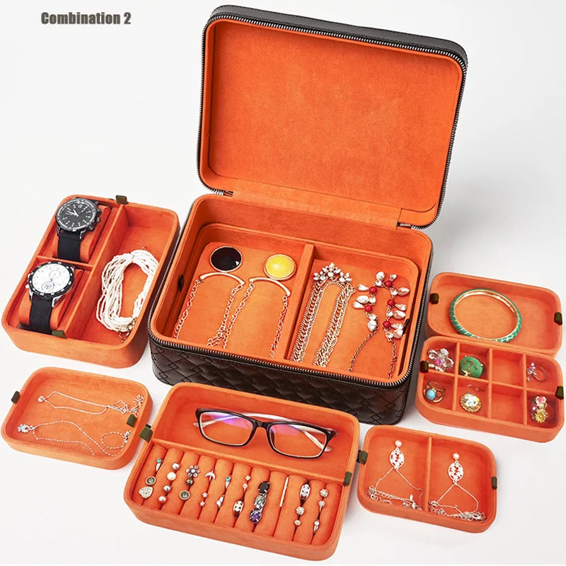 High-end PU Leather Jewellery Jewelry Organizer Box Watch Case With Handle Custom Travel Jewelry Box