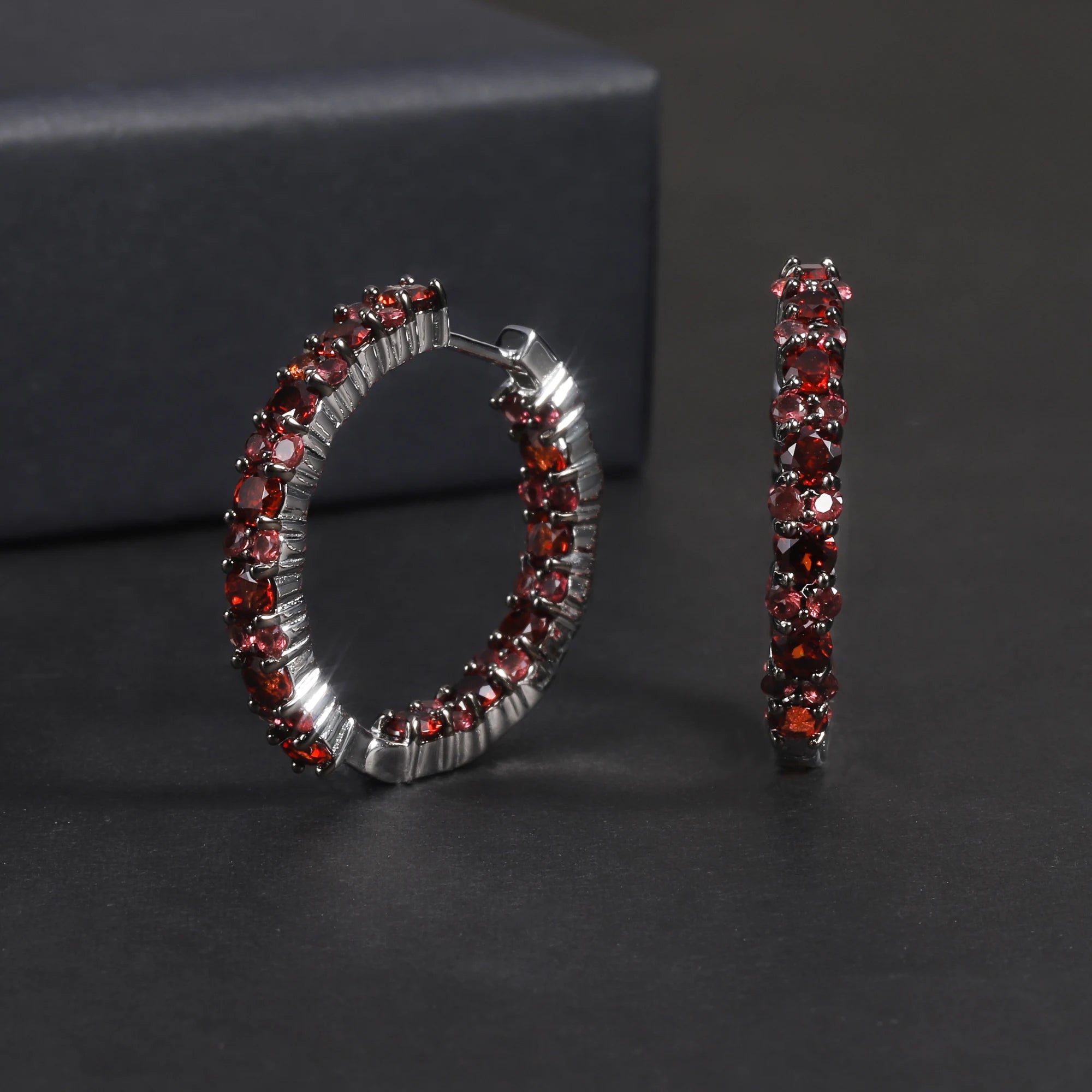 RZ0006 Abiding Fine Jewelry Custom Natural Red Garnet Gemstone Two Tone Plated 925 Sterling Silver Hoop Earrings