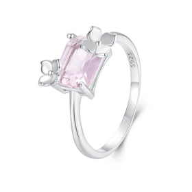 925 Sterling Silver Pink Rectangular Crystal Engagement Ring Floral Motif Promise Ring for Her Romantic Women Jewelry SCR1012