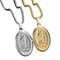Personalize Vintage Stainless Steel Couple Oval Pendant Necklace Engraved With "OUR LADY of GUADALUPE" and Embossed Portrait