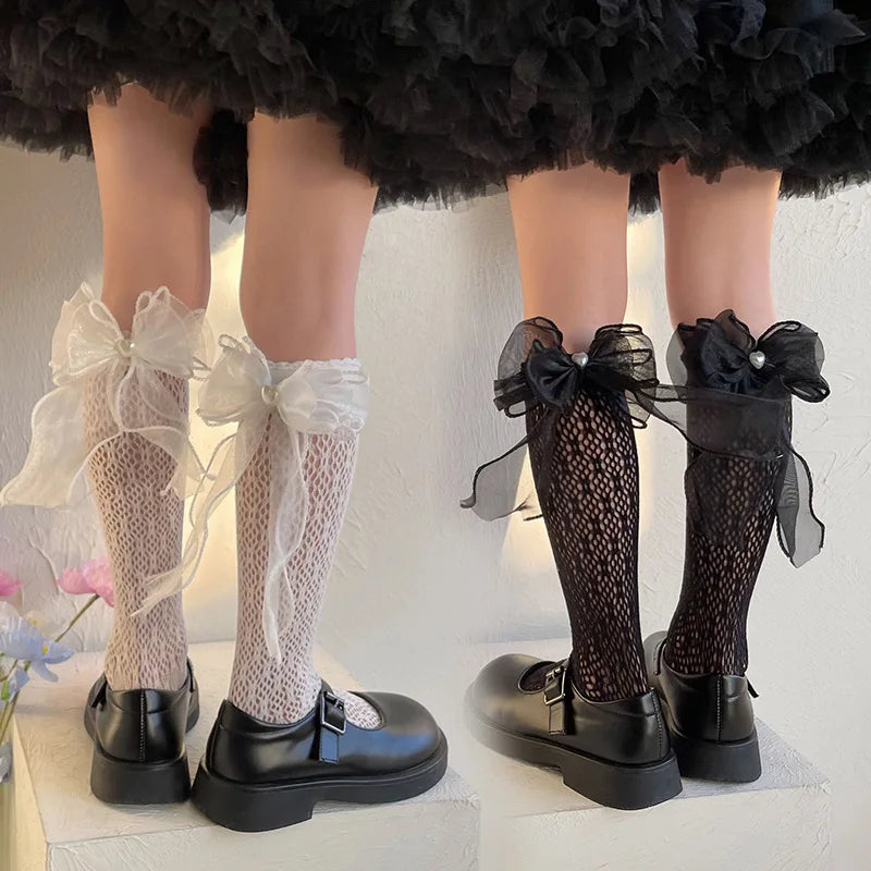 Korean Spring Children's Lace Knee High Net Stockings Cotton Mesh Princess Big Bow Teen Girls' Socks