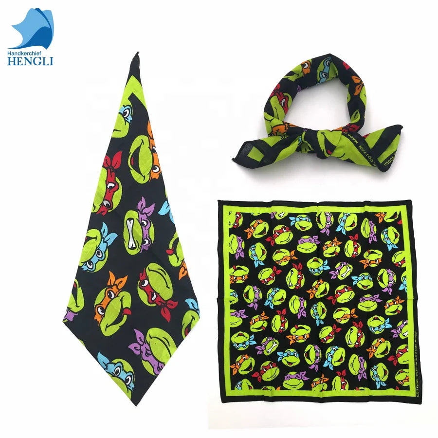 100% Cotton Custom Green Frog Cartoon  Ninja Turtles Big Square Bandana Custom Design Bandana