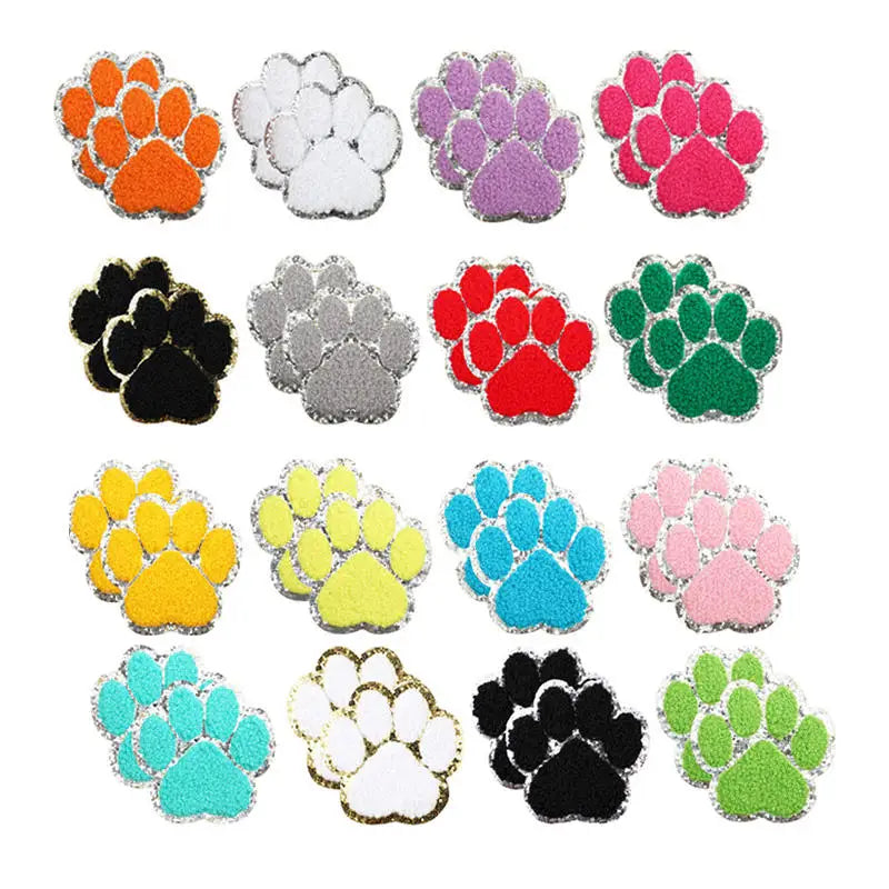 Hot Sale White Black Color Iron on Silver Gold Glitter Edge Embroidery Chenille Paw Patches