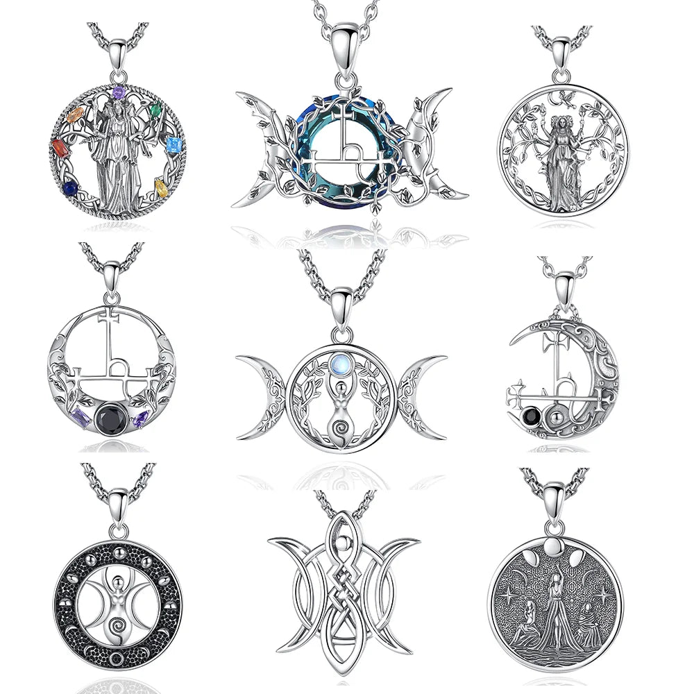 Changda 925 Sterling Silver Witchy Jewelry Triple Moon Goddess Wicca Hecate Lilith Pendant Necklace