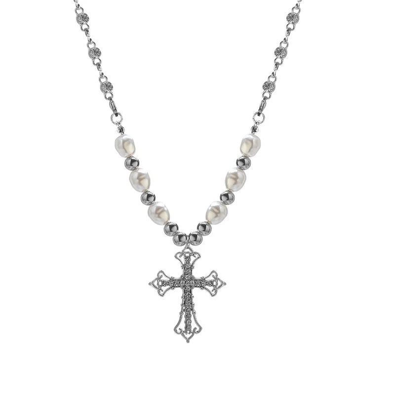Necklace Ins Personality Retro Cross Pearl Pendant Accessories Hip Hop Wild Necklace