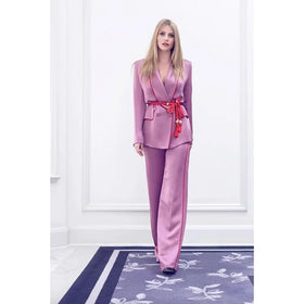 Pink Green Jacket Pants Women Suits Sets Luxury Brand Blazer Trousers Women's Suit 2-Piece Shiny Satin Shawl Collar Without Belt