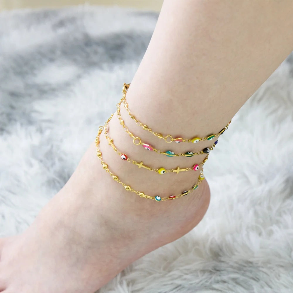 Waterproof Stainless Steel Fashion Jewelry Fine Anklet Factory Custom PVD 18k Gold Plated Turkey Eye Bead Anklet for Women