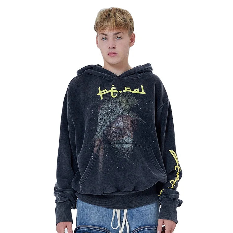 OEM Service Customized Winter Mens Heavy Thick Cotton Loose Fit Hoodie Printed Distressed Letter Pattern Pullover Sweatshirt