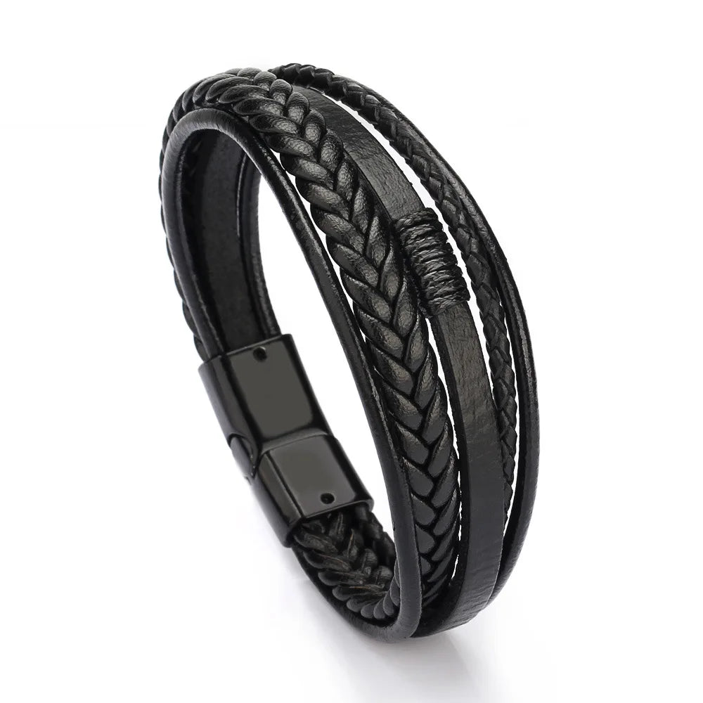 New Arrival Men's Leather Handmade Jewelry Layered Leather Bracelet Magnetic Clasp Wrap Bracelet for Men
