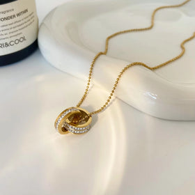 Double Ring Full Diamond Furnace Genuine Gold Necklace Fashion Jewelry Gold Bead Chain Stainless Steel Necklace