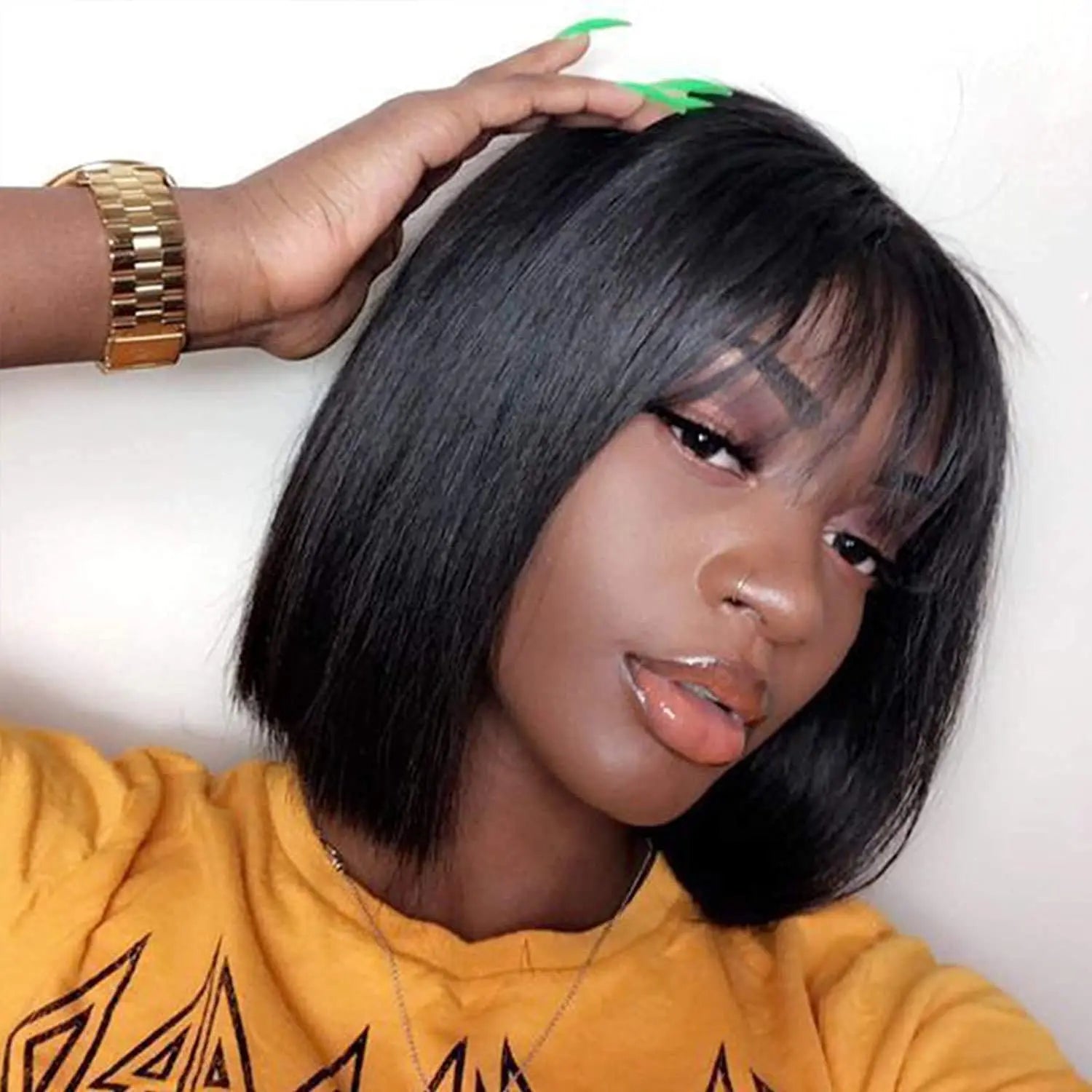 Glueless Peruvian Human Hair Short Bob Wigs With Bangs Ready Stock 10-14 Inch Straight Bob Wigs for Black Women