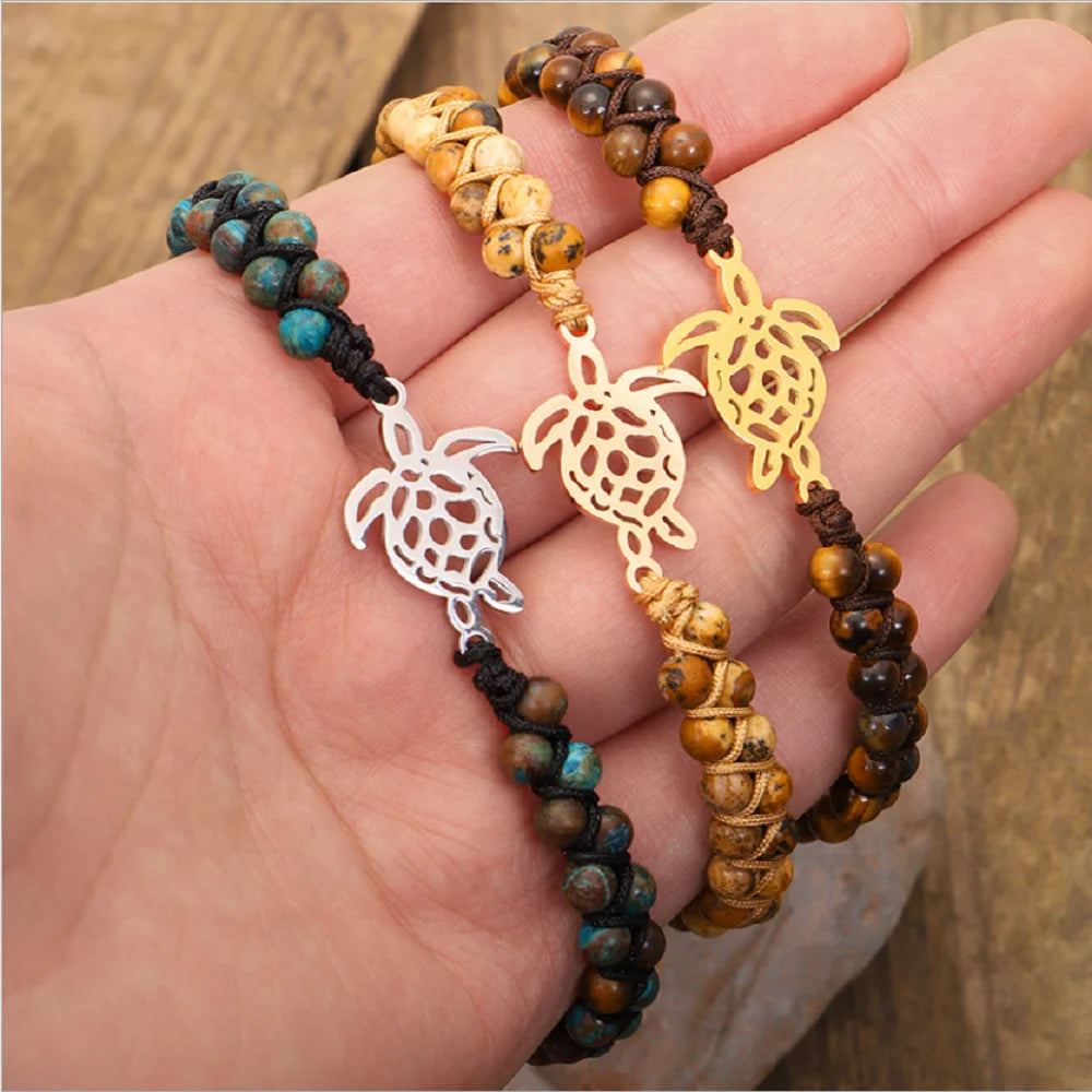 Fashion Bohemian Tortoise Jade Bracelet Natural Stone Charm Double Layer Stone Wind Hand Woven Bead Bracelets Jewelry