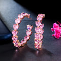 Rose Gold Plated Cute Pink Color Love Heart Cubic Zirconia Stone C Shaped Stud Hoop Earrings Costume Accessories for Women Gift