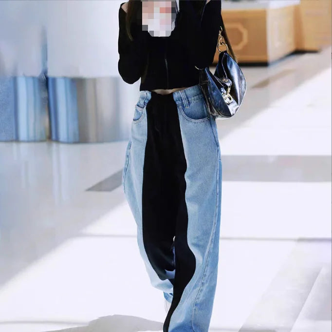 New Style Contrast Color Stitching Personalized Straight Women's Jeans Fashionable Casual Pants