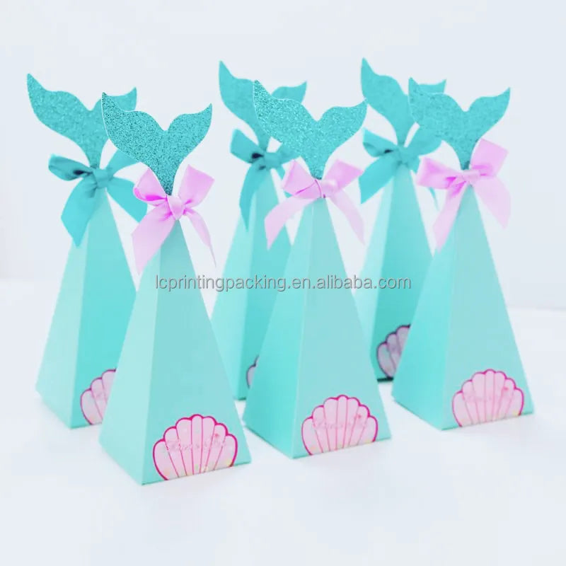 Wholesale Luxury Foldable Small Paper Candy Favor Box UV Coating Embossing Mermaid Shape for Wedding Birthday Party Decoration