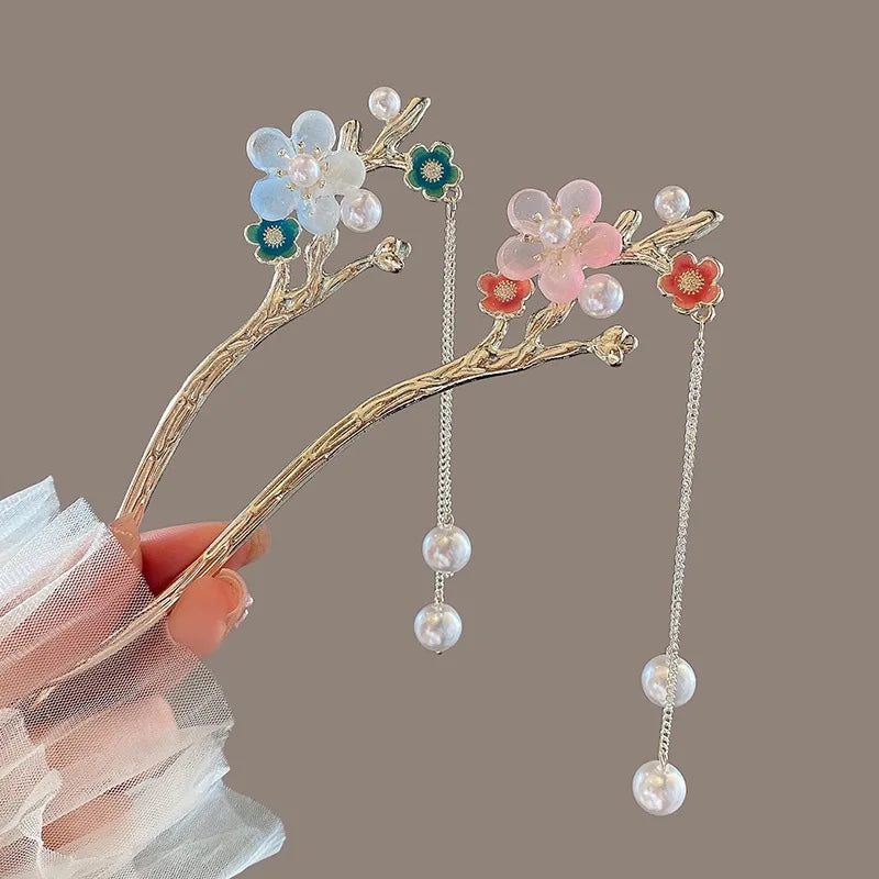 Chinese Style Tassels Metal Hair Sticks Hairpin Pearl Hair Pins Clip Flower Hair Chopsticks Wedding Party Headwear Headpiece