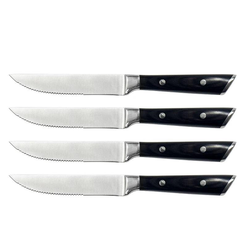 4PCS J&J LFGB Certified High Carbon Stainless Steel Straight Edge Steak Knife Set Pakka Wood Handles Ambidextrous Design 8-9.9in