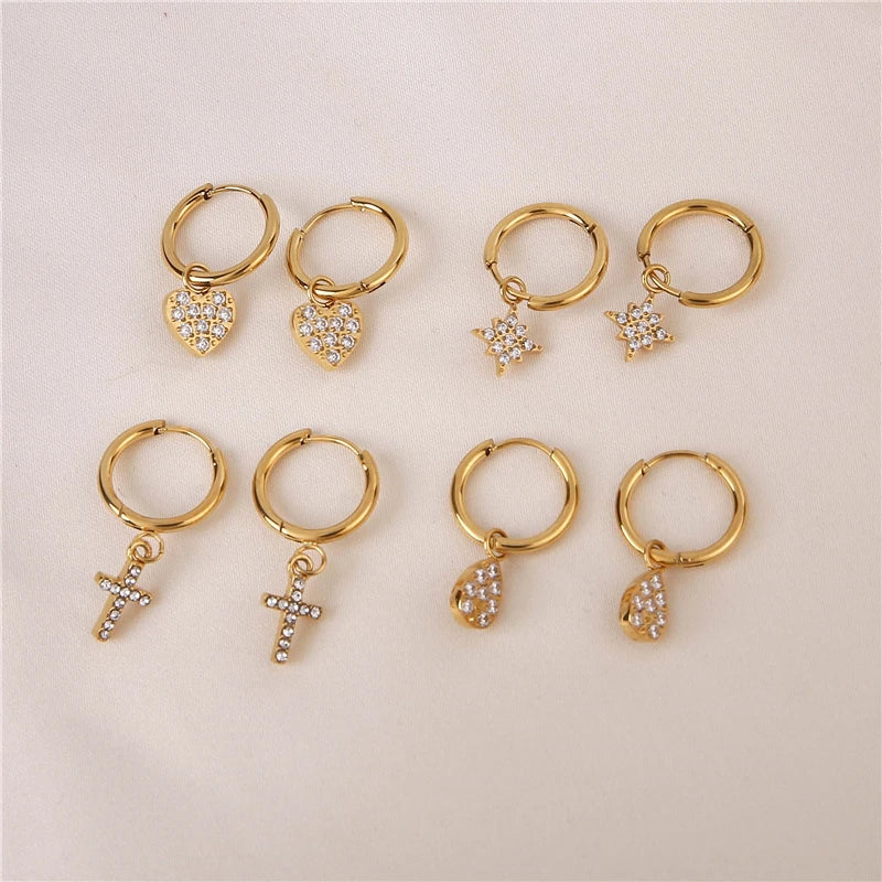Fenny 18k PVD Gold Plated Waterproof Luxury Love Heart Cross Teardrop Star CZ Pave Pendant Huggie Earring